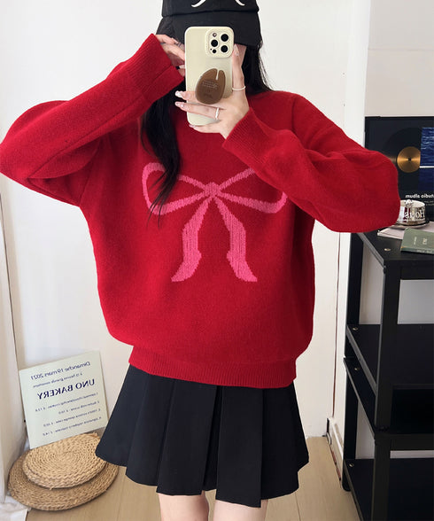 セーター レディース リボン柄 韓国風 ニットプルオーバー ニットソー 体型カバー ゆったり 着やせ 着回し 編み 大人 カジュアル 可愛い おしゃれ 99YYFZ-001